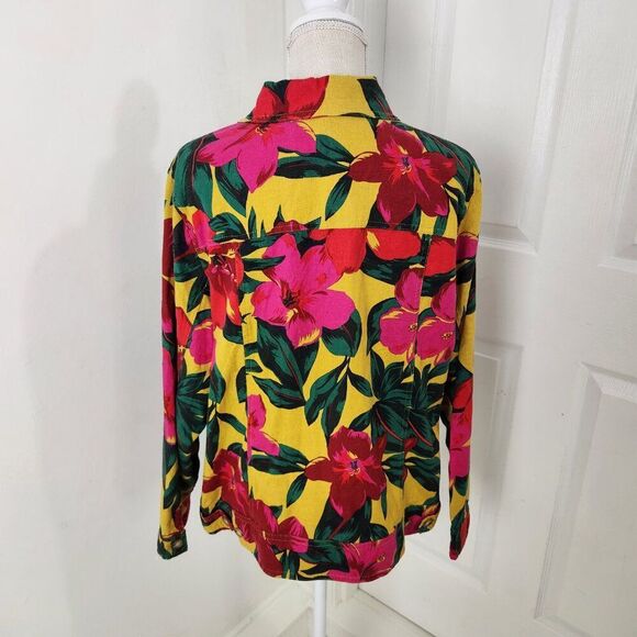 Tahari Jacket Womens 1X Yellow Pink Bright Floral Linen Resort Cruise Tropical - Picture 11 of 12